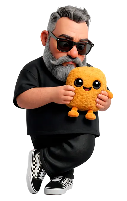 Criaçao de mascote meu personagem segurando uma pelucia de uma coxinha