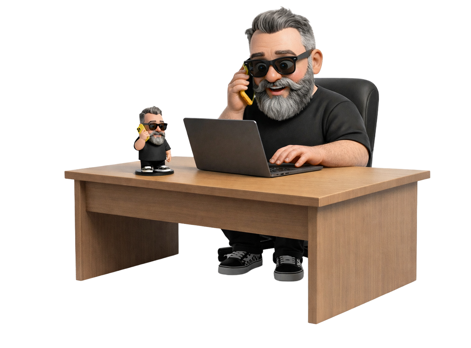 Meu pesonagem sentado em uma mesa com o notebook e um boneco